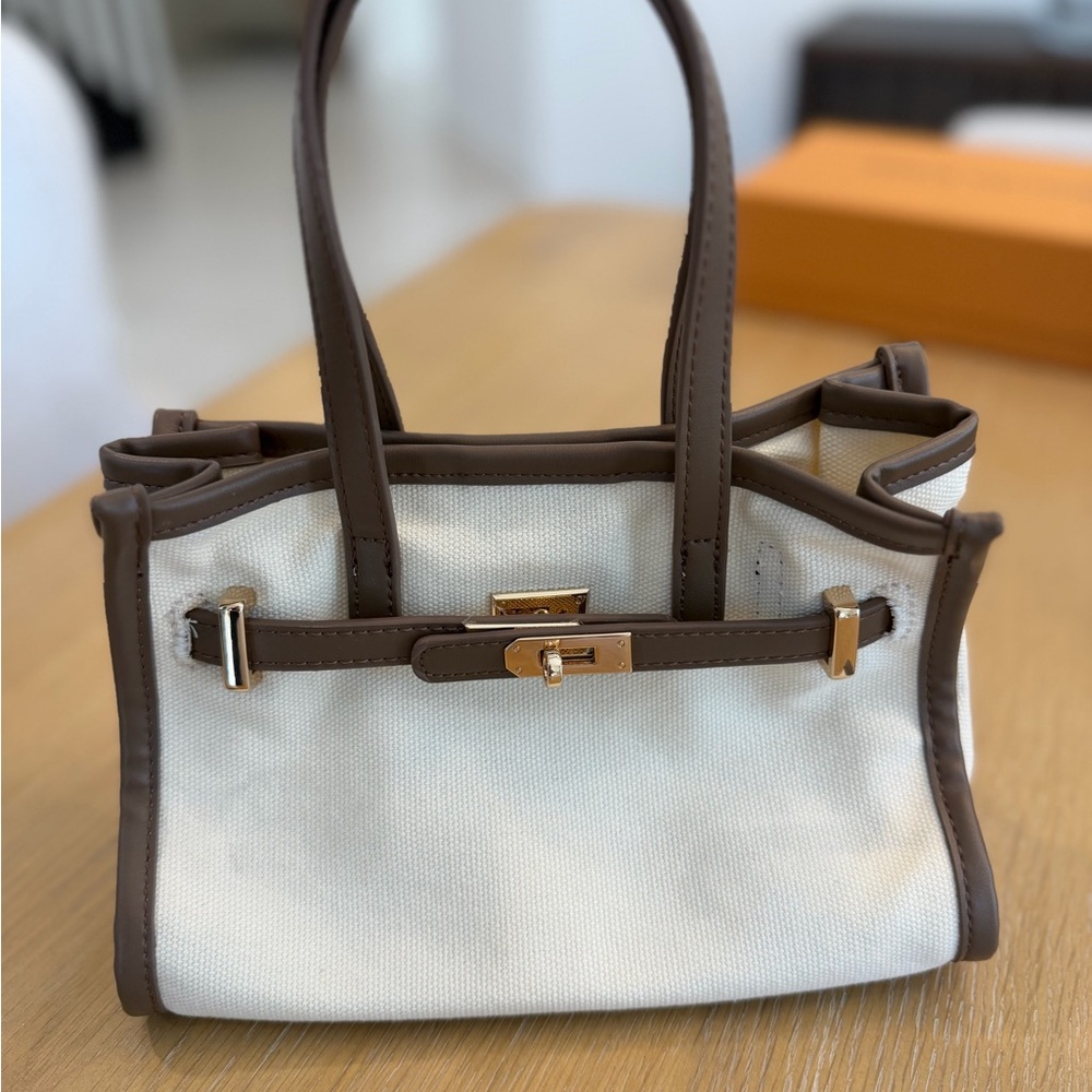 Anthropologie Cream Canvas Tote with Brown Trim and Gold Hardware